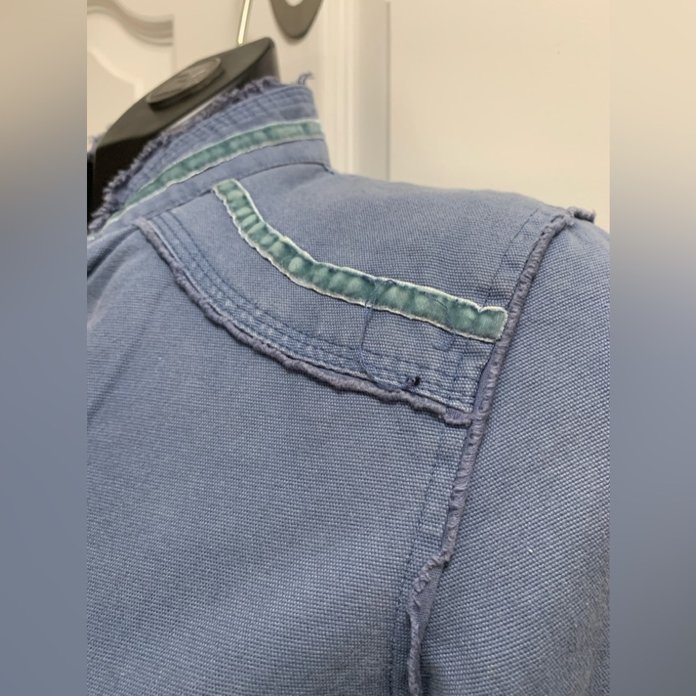 Denim Blue Size Small Lined Nikita Jacket Funnel Collar frayed hem Velour Piping - Picture 5 of 14